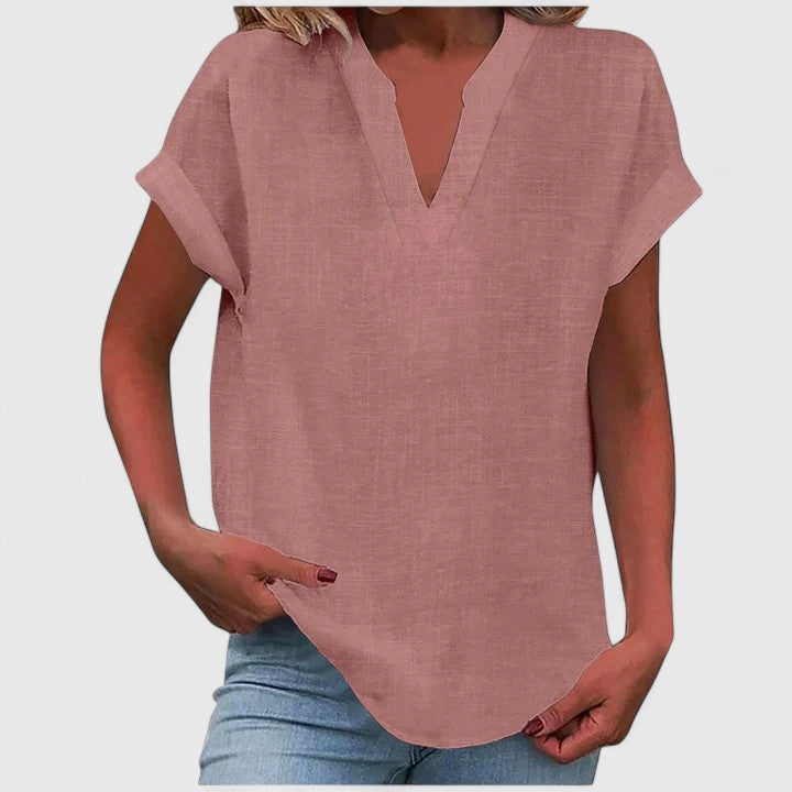 Blusa feminina manga curta decote V corte direito cores lisas