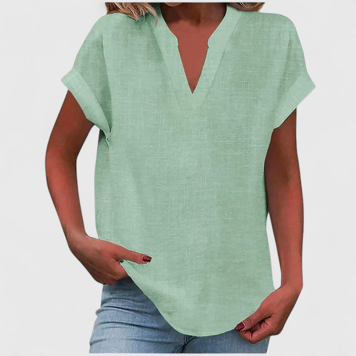 Blusa feminina manga curta decote V corte direito cores lisas