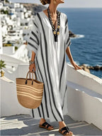 Vestido kaftan longo feminino às riscas corte folgado fluido