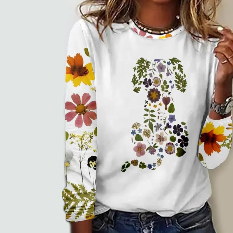 Camisa feminina floral manga longa gola redonda estampa artística