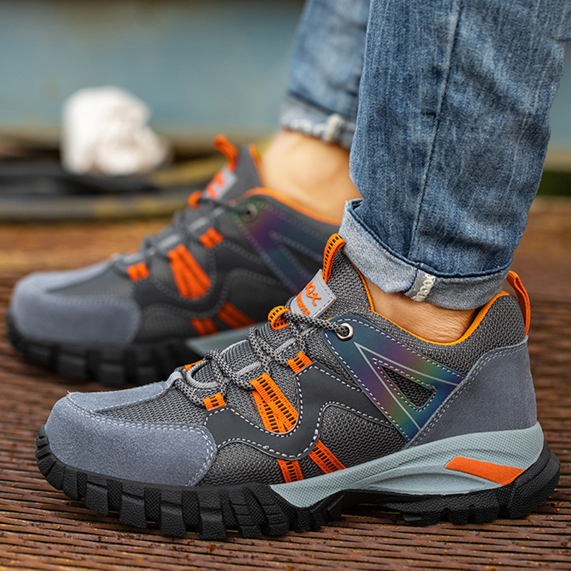 Sapatos de segurança com biqueira de aço, sola antiderrapante e bandas refletivas