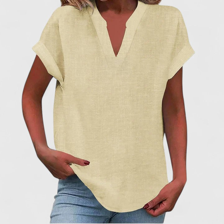 Blusa feminina manga curta decote V corte direito cores lisas