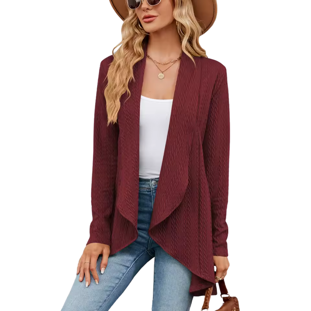 Cardigan mulher malha aberto na frente comprimento até à anca
