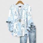 Blusa feminina floral com mangas 3/4 com babados e decote em V