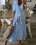 Vestido feminino boho maxi com detalhes de franjas e mangas largas