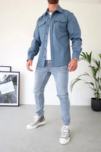 Camisa jaqueta masculina manga longa com botões e bolsos no peito