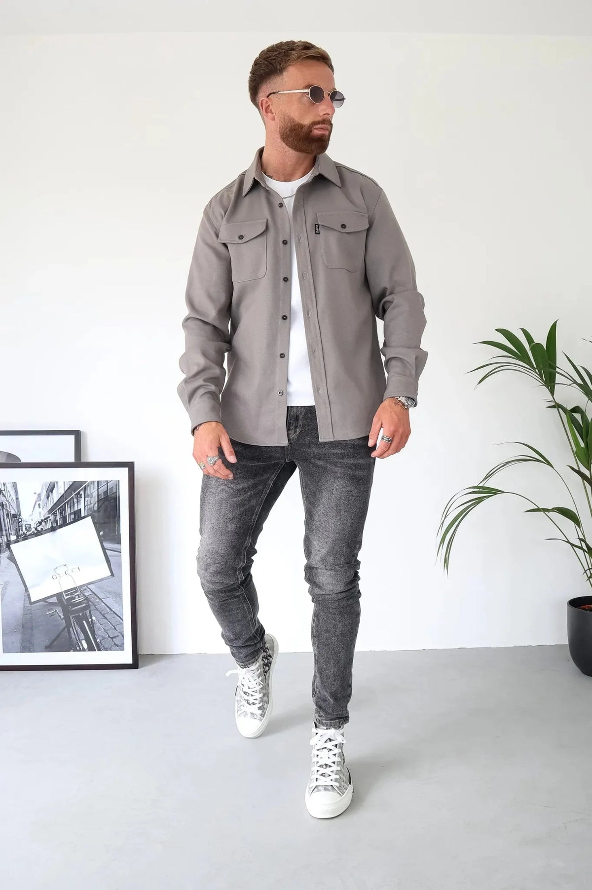 Camisa jaqueta masculina manga longa com botões e bolsos no peito
