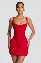 Vestido mini mulher decote quadrado saia drapeada e costas com atacadores