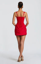 Vestido mini mulher decote quadrado saia drapeada e costas com atacadores
