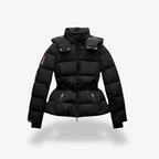 Casaco puffer feminino com cinto e capuz integrado acolchoado inverno