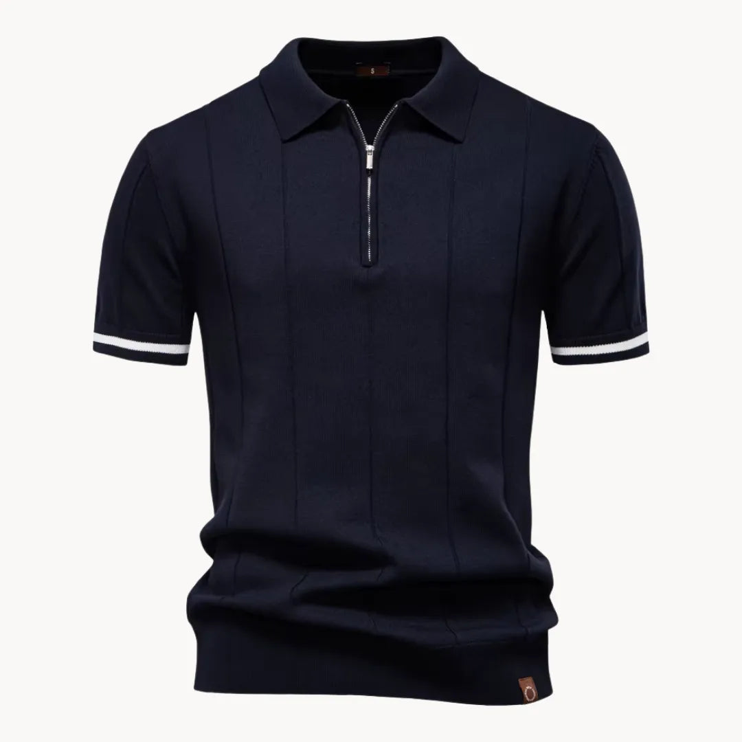 Polo homem malha com fecho zip curto e gola clássica corte regular fit