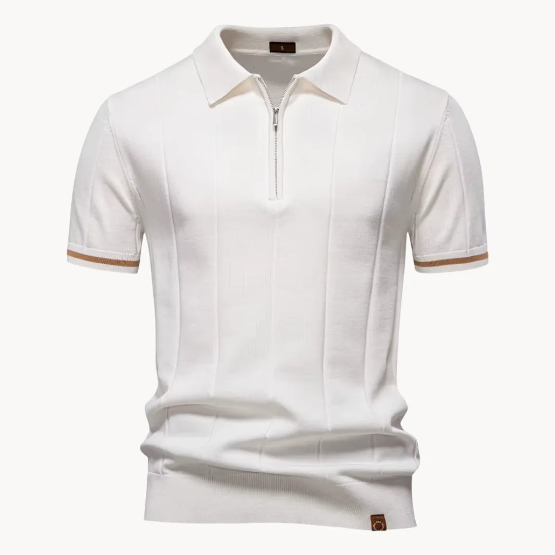 Polo homem malha com fecho zip curto e gola clássica corte regular fit