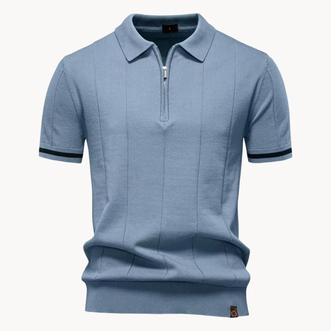 Polo homem malha com fecho zip curto e gola clássica corte regular fit
