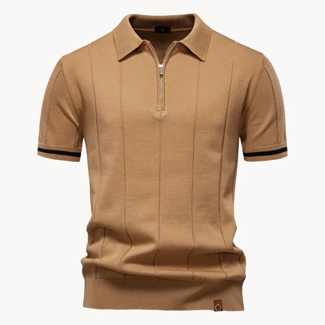 Polo homem malha com fecho zip curto e gola clássica corte regular fit
