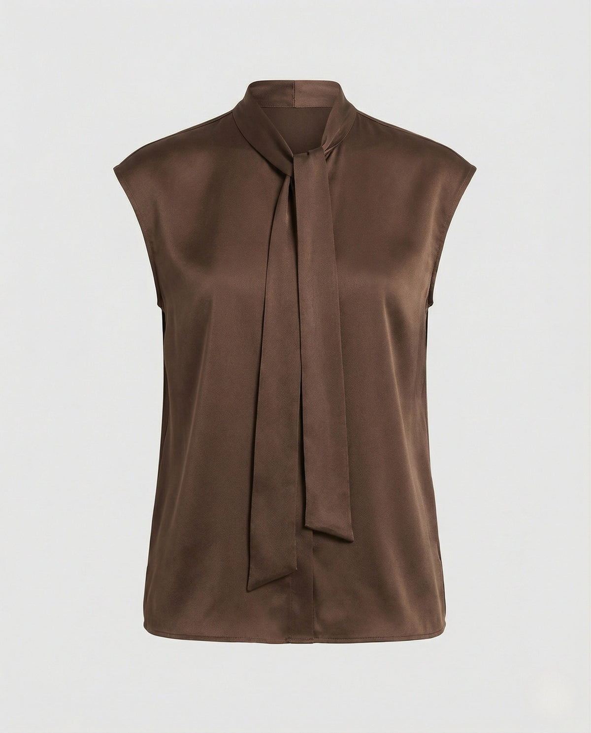 Blusa feminina sem mangas com laço no decote em viscose acetinada fluida