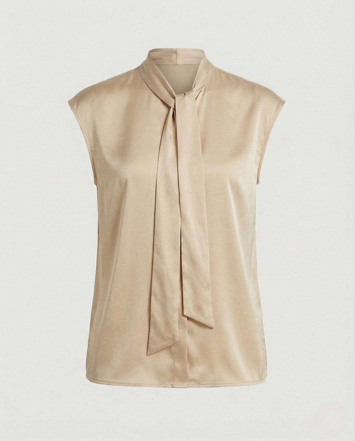 Blusa feminina sem mangas com laço no decote em viscose acetinada fluida