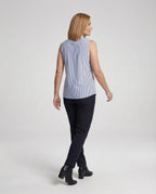 Blusa sem mangas feminina riscas azul gola alta algodão casual