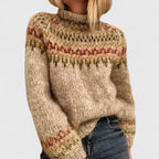 Camisola feminina Fair Isle gola alta raglan em tricot espesso tons neutros
