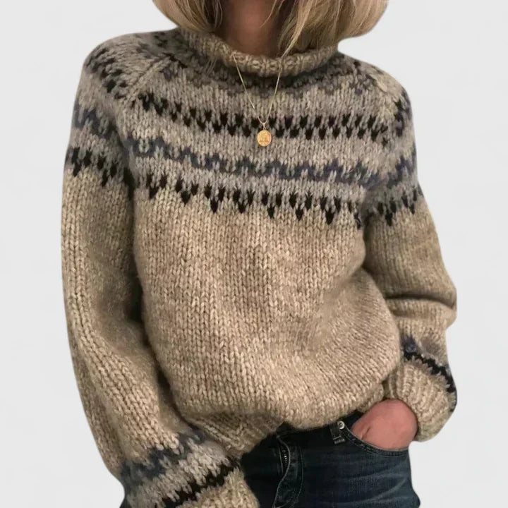 Camisola feminina Fair Isle gola alta raglan em tricot espesso tons neutros
