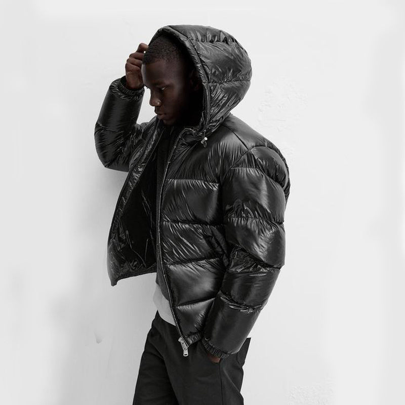 Puffer jacket homem com capuz corte folgado casaco acolchoado de inverno