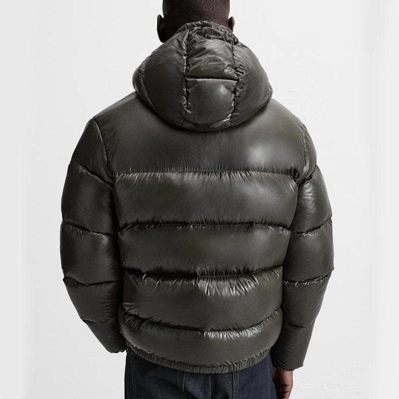 Puffer jacket homem com capuz corte folgado casaco acolchoado de inverno