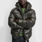 Puffer jacket homem com capuz corte folgado casaco acolchoado de inverno