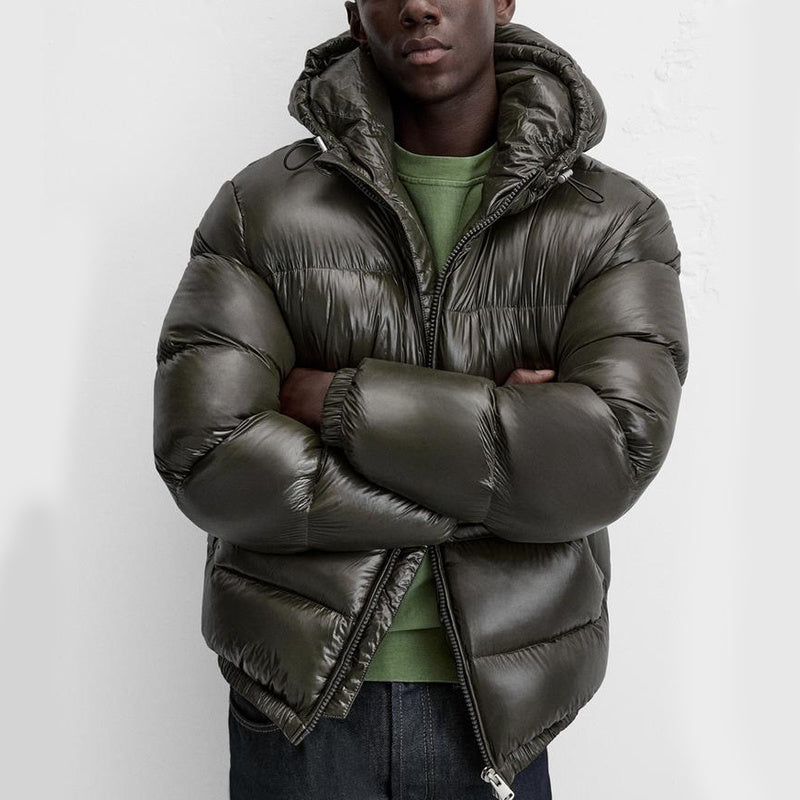 Puffer jacket homem com capuz corte folgado casaco acolchoado de inverno