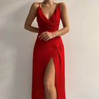 Vestido longo feminino decote cruzado com fenda lateral
