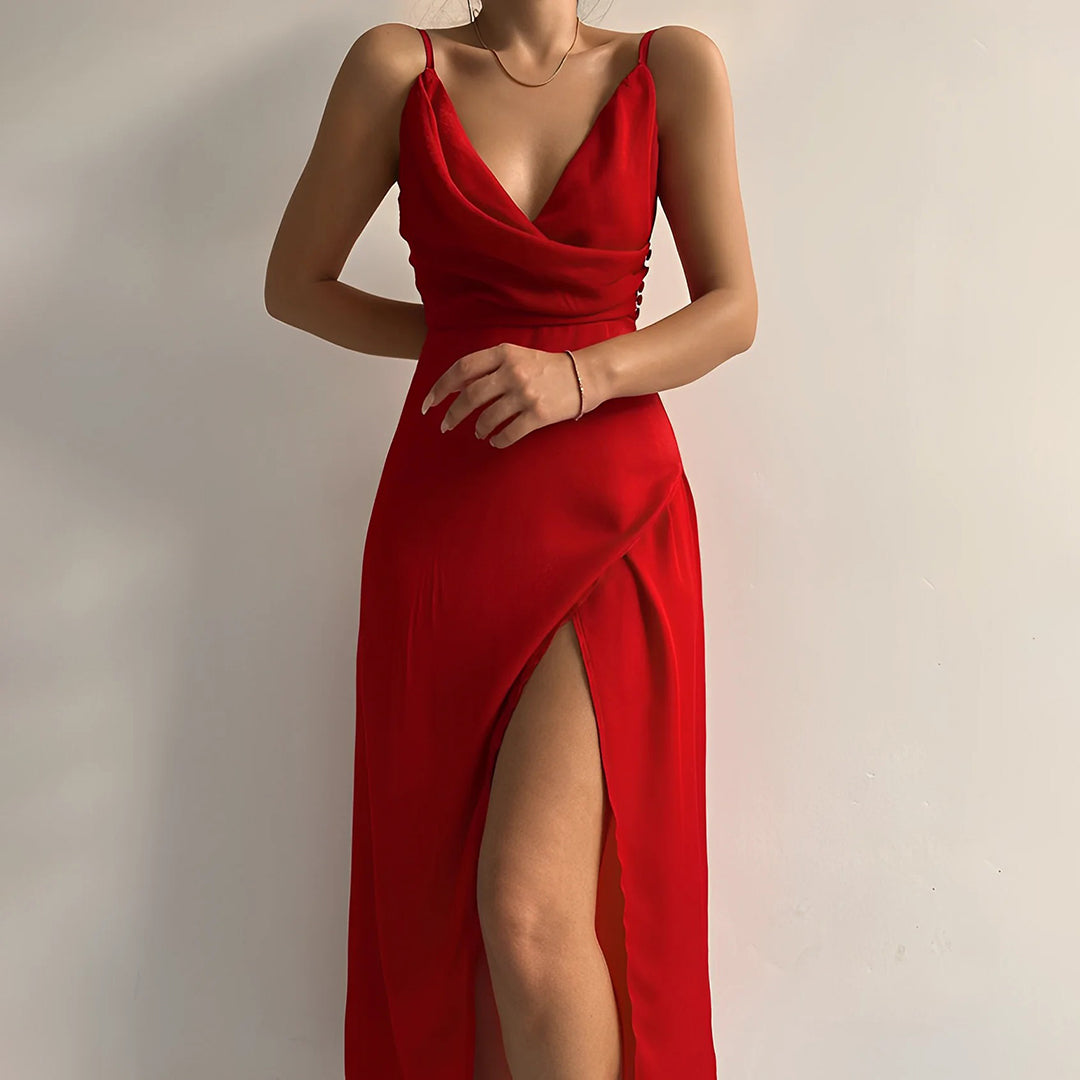 Vestido longo feminino decote cruzado com fenda lateral