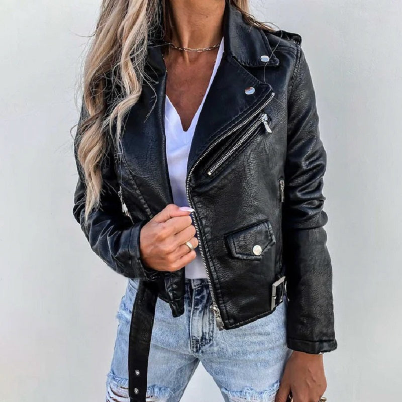 Jaqueta biker feminina com colarinho de lapela em preto e bordô