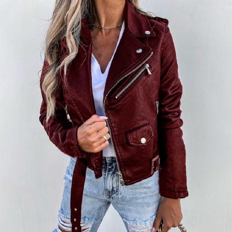 Jaqueta biker feminina com colarinho de lapela em preto e bordô