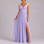 Vestido longo formal feminino com renda nos ombros e saia fluida com fenda