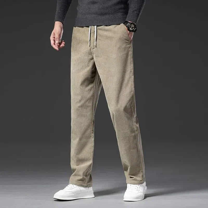 Calças chino corduroy corte slim com cordão ajustável para homem
