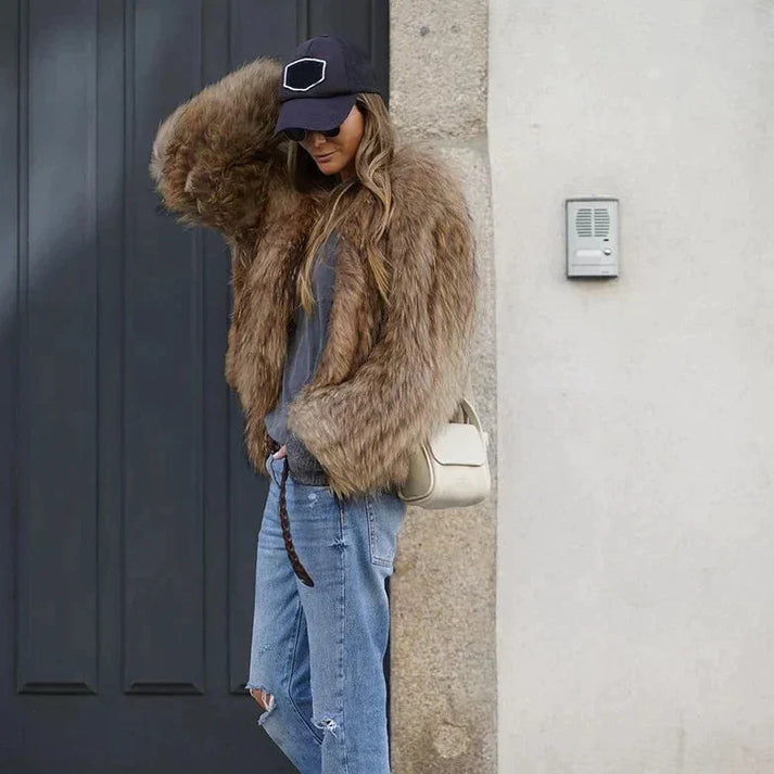 Casaco feminino pele sintética pelúcia estilo elegante inverno