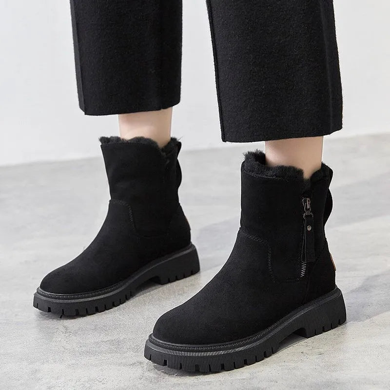 Botas femininas sola grossa com zíper lateral cano médio inverno