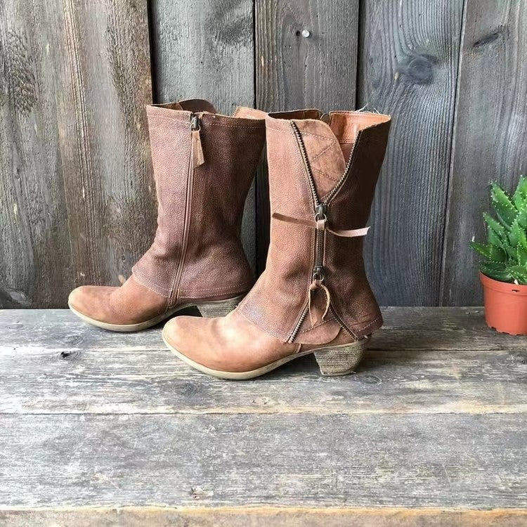 Botas de outono femininas cano alto couro resistente à água estilo ocidental