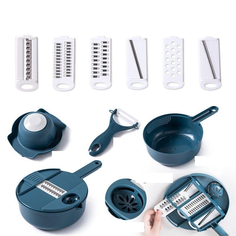 Conjunto de cortador multifuncional 12 em 1 em aço inoxidável, compacto, utensílios de cozinha