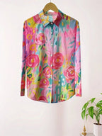 Blusa feminina estampada colorida casual com padrão artístico único
