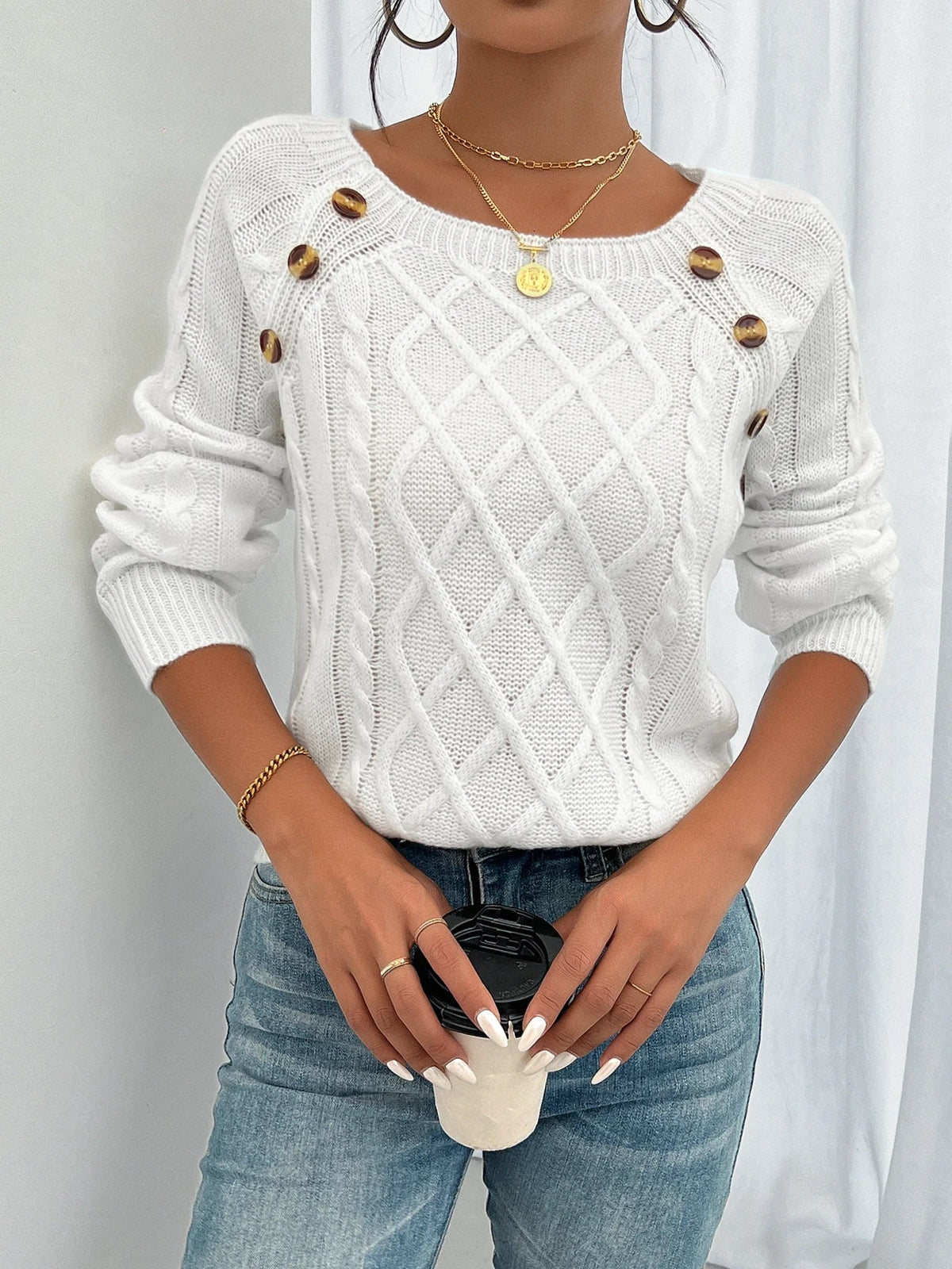 Camisola feminina algodão padrão torcido com botões decorativos manga comprida