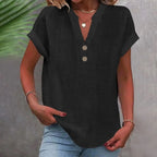 Camisa de linho feminina com decote V e botões corte solto