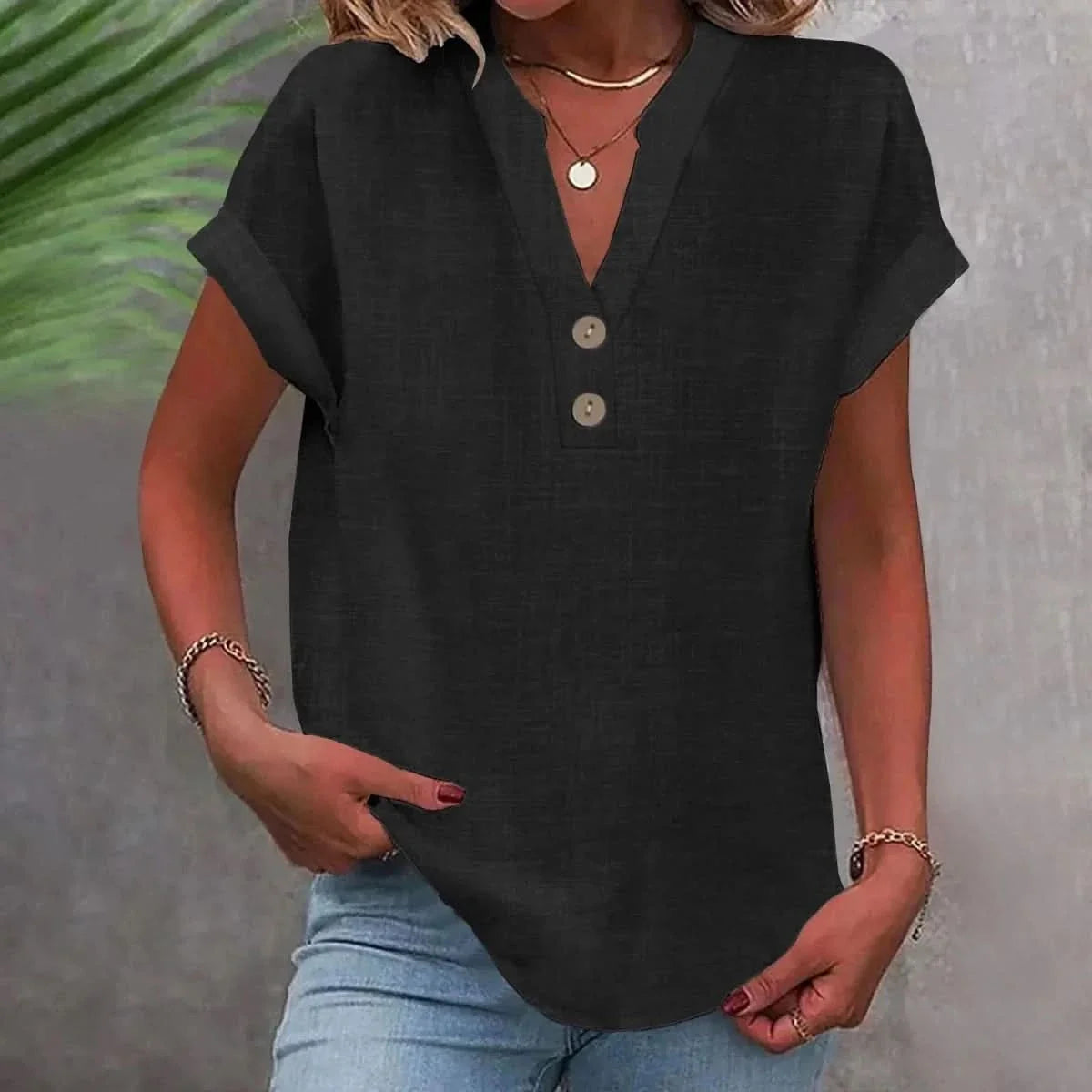 Camisa de linho feminina com decote V e botões corte solto