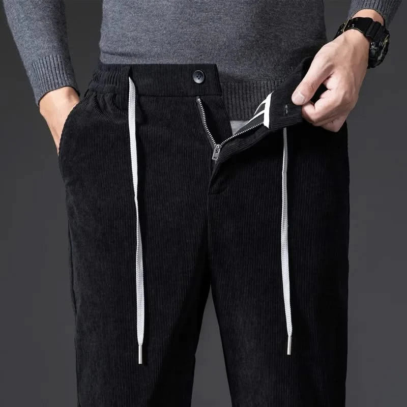 Calças chino corduroy corte slim com cordão ajustável para homem