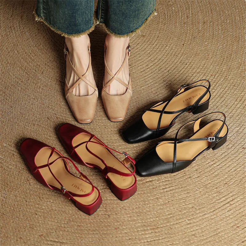 Sapatos salto bloco feminino couro genuíno bico fechado tiras ajustáveis