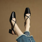 Sapatos salto bloco feminino couro genuíno bico fechado tiras ajustáveis
