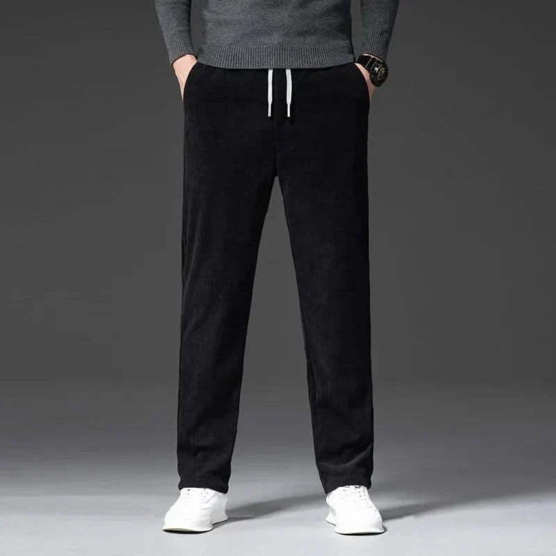 Calças chino corduroy corte slim com cordão ajustável para homem