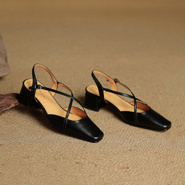 Sapatos salto bloco feminino couro genuíno bico fechado tiras ajustáveis