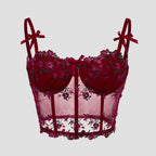 Top corset feminino bordado floral com renda e painéis de tule ajustável