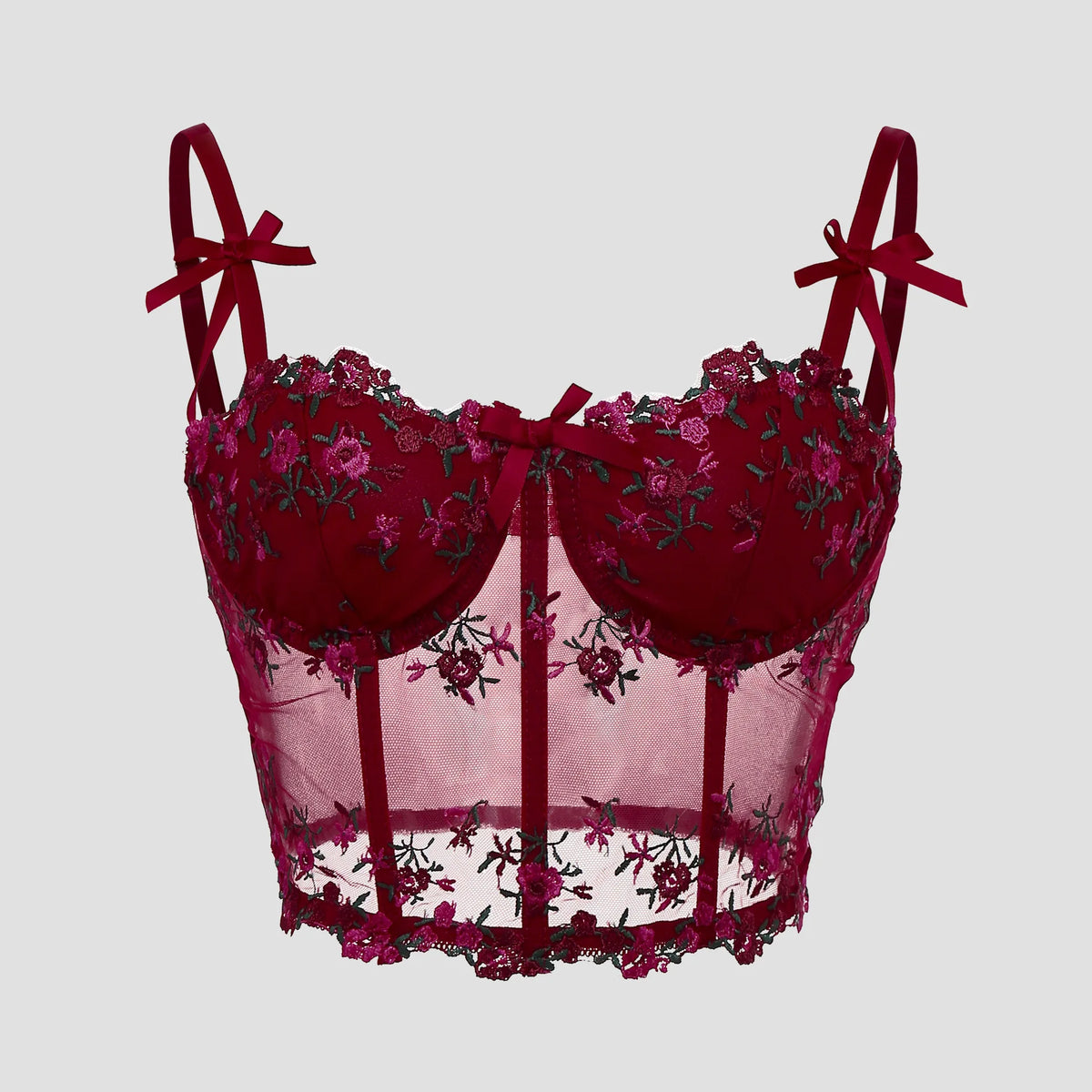 Top corset feminino bordado floral com renda e painéis de tule ajustável