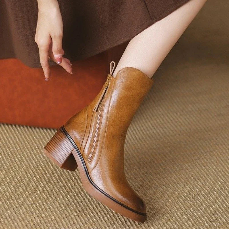 Botins de salto alto femininos em couro com fecho de correr lateral