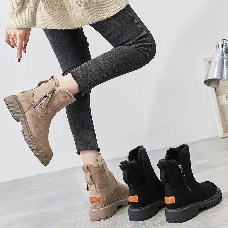Botas femininas sola grossa com zíper lateral cano médio inverno